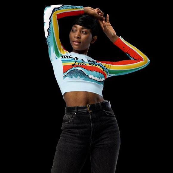 Long Sleeve Crop Top Beach Shirts Surf Shirt | MUDPUPs Beach More Worry Less - Picture 9 of 14